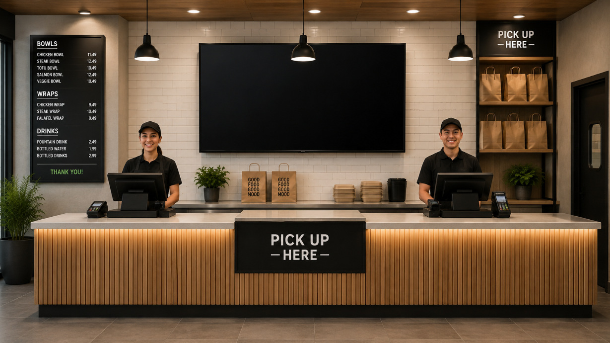 Restaurant counter with wall-mounted customer screen