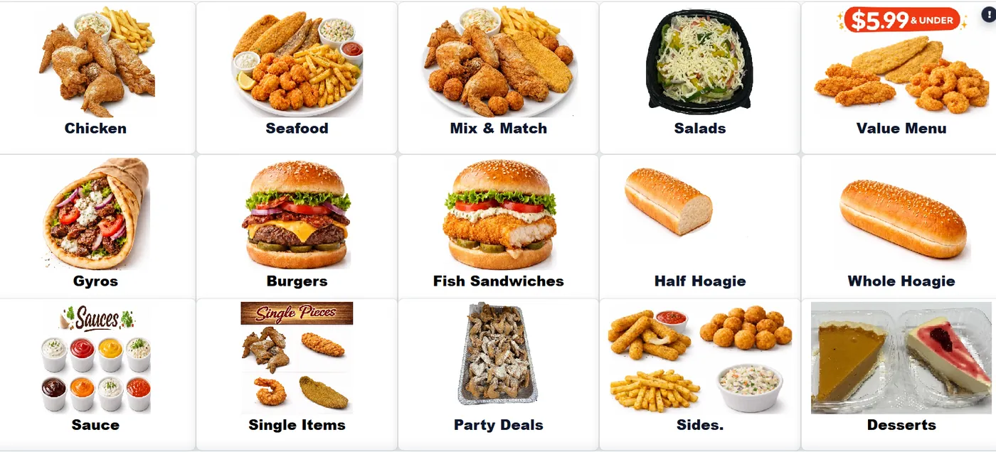 The Brisqora self-order kiosk menu: photo tiles for chicken, seafood, salads, gyros, burgers, hoagies, sides and desserts.
