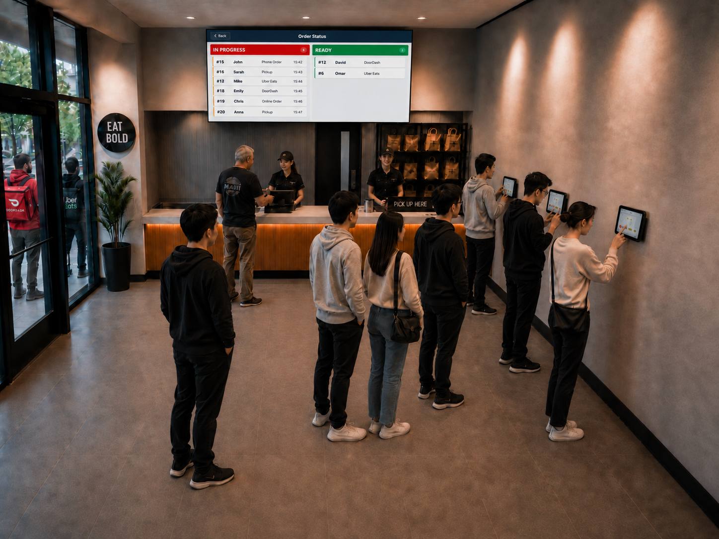 The same lobby with Brisqora: two staff at the counter, three wall-mounted self-order kiosks in use, a live order status board on the wall, a short line, couriers waiting outside the door.