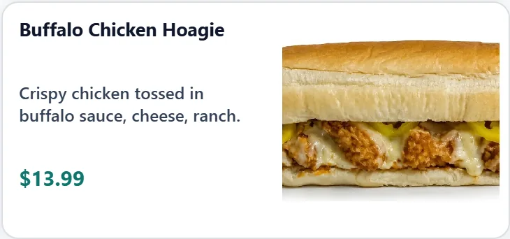 The Buffalo Chicken Hoagie card on the ordering website, with its photo, description and price.